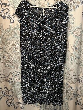 LOFT Black Floral Print Dress with Blue and White Accents